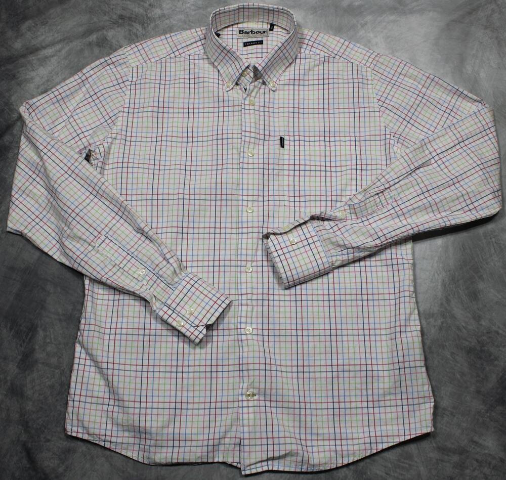 Barbour Shirt Mens Medium White Check Tailored Fit Long Sleeve Cotton Casual